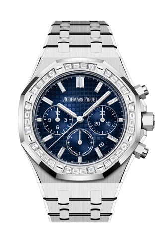 Audemars Piguet Royal Oak Chronograph White Gold Diamond Set Bezel Blue Diamond Baguette Dial Watch 26715BC.ZZ.1356BC.01