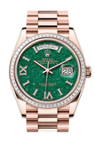 Rolex Day Date 36 Green Aventurine Roman Dial Diamond Bezel Rose Gold President Bracelet 128395TBR