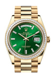 Rolex Day Date 36 Bright Green Diamond Dial Diamond Bezel Yellow Gold President Bracelet 128398TBR