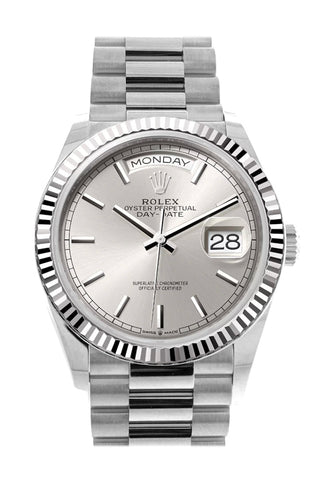 Rolex Day-Date 36 Silver Dial Fluted Bezel White Gold President Watch 128239