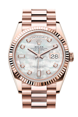 Rolex Day-Date 36 Mother-Of-Pearl Diamond Dial Fluted Bezel 18K Everose Gold President Watch 128235