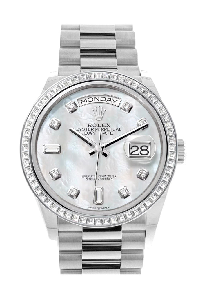 Rolex Day-Date 36 Mother Of Pearl Dial Diamond Bezel Platinum President Watch 128396Tbr