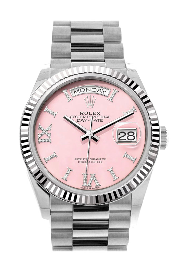 Rolex Day-Date 36 Pink Opal Diamond Dial Fluted Bezel White Gold President Watch 128239