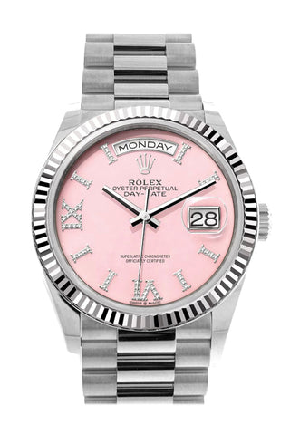 Rolex Day-Date 36 Pink Opal Diamond Dial Fluted Bezel White Gold President Watch 128239