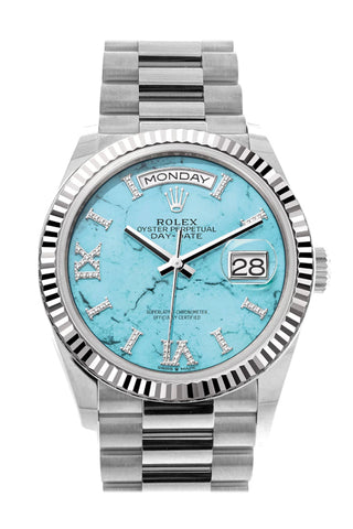 Rolex Day-Date 36 Turquoise Diamond Dial Fluted Bezel White Gold President Watch 128239