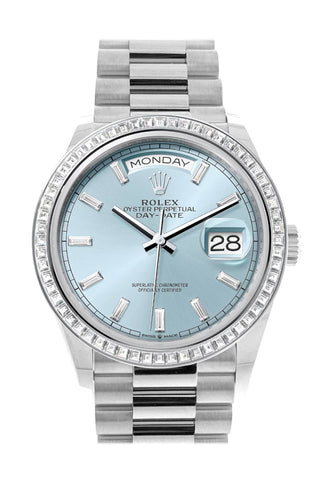 Rolex Day-Date 36 Ice Blue Diamond Dial Bezel Platinum President Watch 128396Tbr