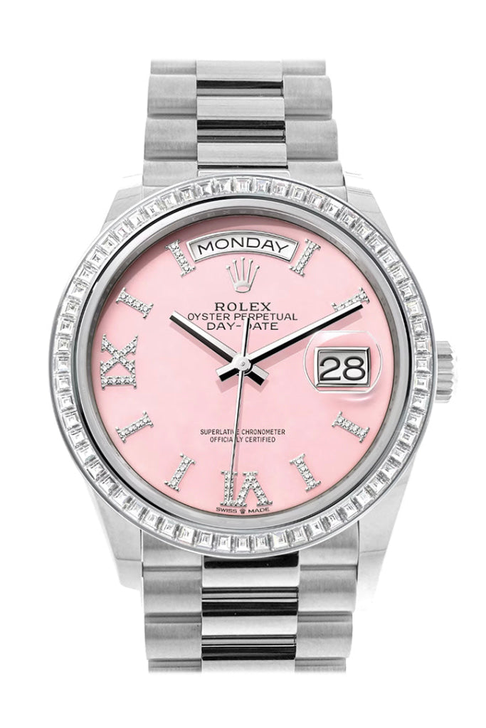 Rolex Day-Date 36 Pink Opal Dial Diamond Bezel Platinum President Watch 128396Tbr