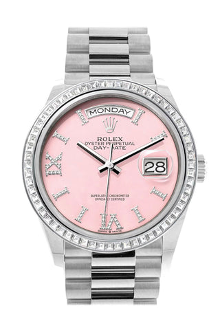 Rolex Day-Date 36 Pink Opal Dial Diamond Bezel Platinum President Watch 128396Tbr