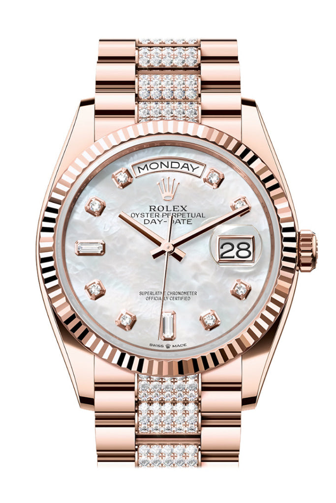 Rolex Day-Date 36 Mother-Of-Pearl Diamond Dial Fluted Bezel 18K Everose Gold President Watch 128235