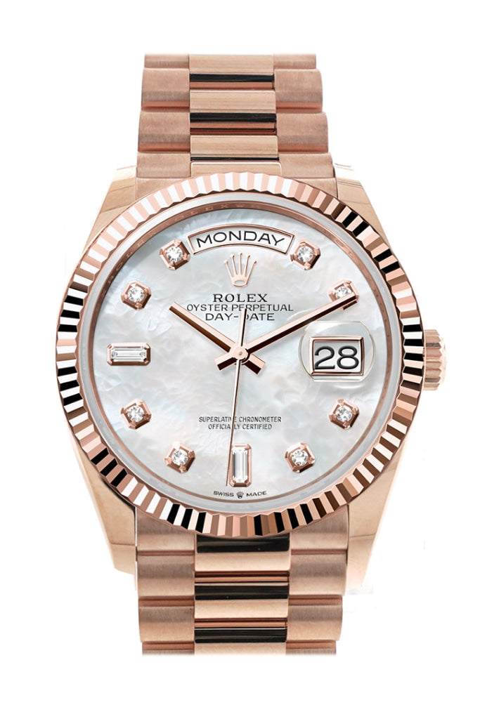 Rolex Day-Date 36 Mother-Of-Pearl Diamond Dial Fluted Bezel 18K Everose Gold President Watch 128235