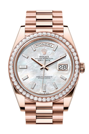 Rolex Day Date 40 White MOP Diamond Dial Diamond Bezel Rose Gold President Bracelet 228345RBR