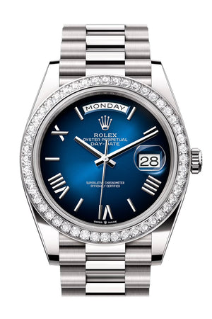 Rolex Day Date 40 Blue Ombre Roman Dial Diamond Bezel White Gold President Bracelet 228349RBR