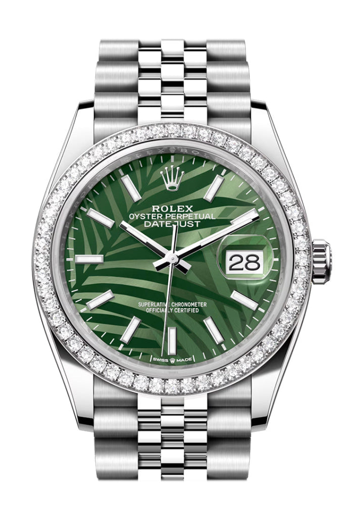 Rolex Datejust 36 Green Palm Motif Dial Diamond Bezel Jubilee Watch 126284Rbr 126284Rbr-0039