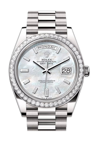 Rolex Day Date 40 White MOP Diamond Dial Diamond Bezel White Gold President Bracelet 228349RBR