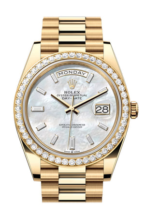 Rolex Day Date 40 White MOP Diamond Dial Diamond Bezel Yellow Gold President Bracelet 228348RBR