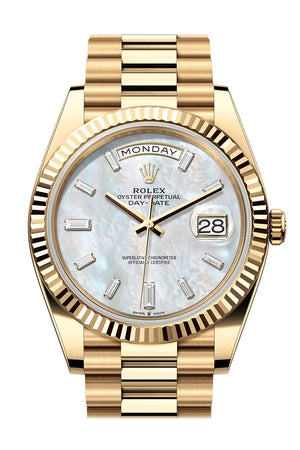 Rolex Day Date 40 White MOP Diamond Dial Fluted Bezel Yellow Gold President Bracelet 228238