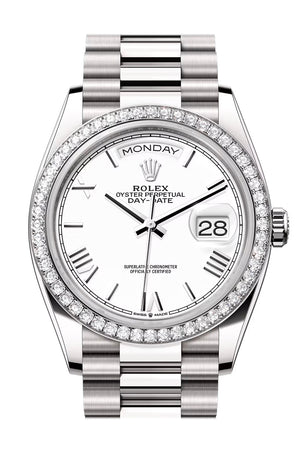 Rolex Day Date 40 White Roman Dial Diamond Bezel White Gold President Bracelet 128349RBR