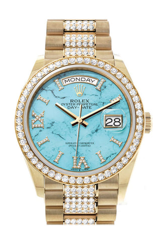 Rolex Day-Date 36 Dark Turquoise Diamond Dial Gold Diamond Bezel Watch 128348RBR-0038 128348RBR