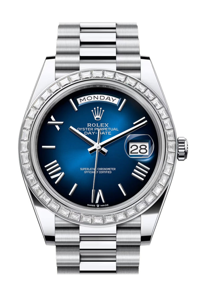 Rolex Day Date 40 Blue Ombre Dial Diamond Bezel Platinum President Bracelet 228396Tbr Watch