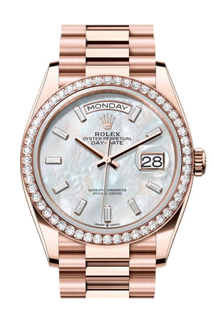 Rolex Day Date 40 White MOP Diamond Dial Diamond Bezel Rose Gold President Bracelet 128345RBR