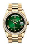 Rolex Day Date 40 Green Ombre Roman Dial Diamond Bezel Yellow Gold President Bracelet 128348RBR