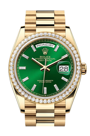 Rolex Day Date 40 Bright Green Diamond Set Dial Diamond Bezel Yellow Gold President Bracelet 128348RBR