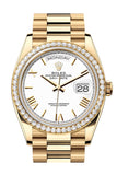 Rolex Day Date 40 White Roman Dial Diamond Bezel Yellow Gold President Bracelet 128348RBR