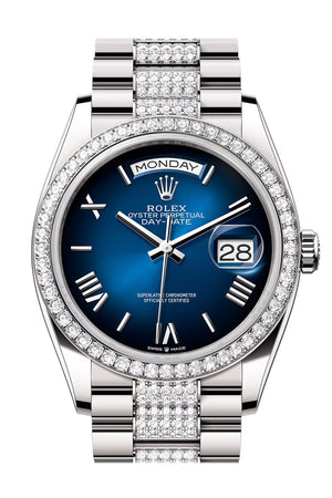 Rolex Day Date 40 Blue Ombre Roman Dial Diamond Bezel White Gold President Diamond Bracelet 128349RBR