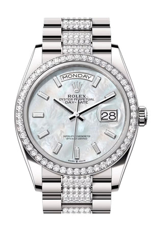 Rolex Day Date 40 White MOP Diamond Dial Diamond Bezel White Gold President Diamond Bracelet 128349RBR