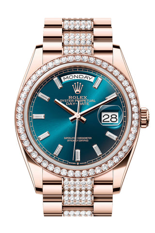 Rolex Day Date 36 Blue Green Diamond Dial Diamond Bezel Rose Gold President Diamond Bracelet 128345RBR