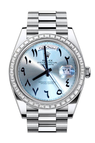 Rolex Day Date 40 Ice Blue Arabic Dial Diamond Bezel Platinum President Bracelet 228396TBR