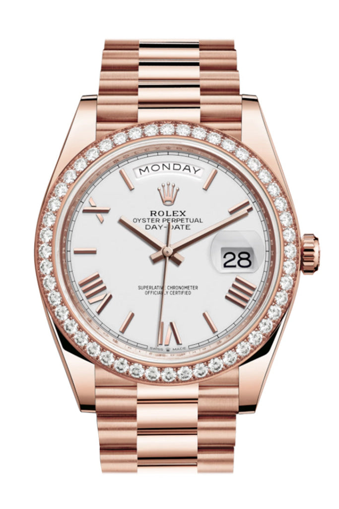 Rolex Day-Date 40 White Roman Dial Diamond Bezel 18K Everose Gold President Automatic Men’s Watch