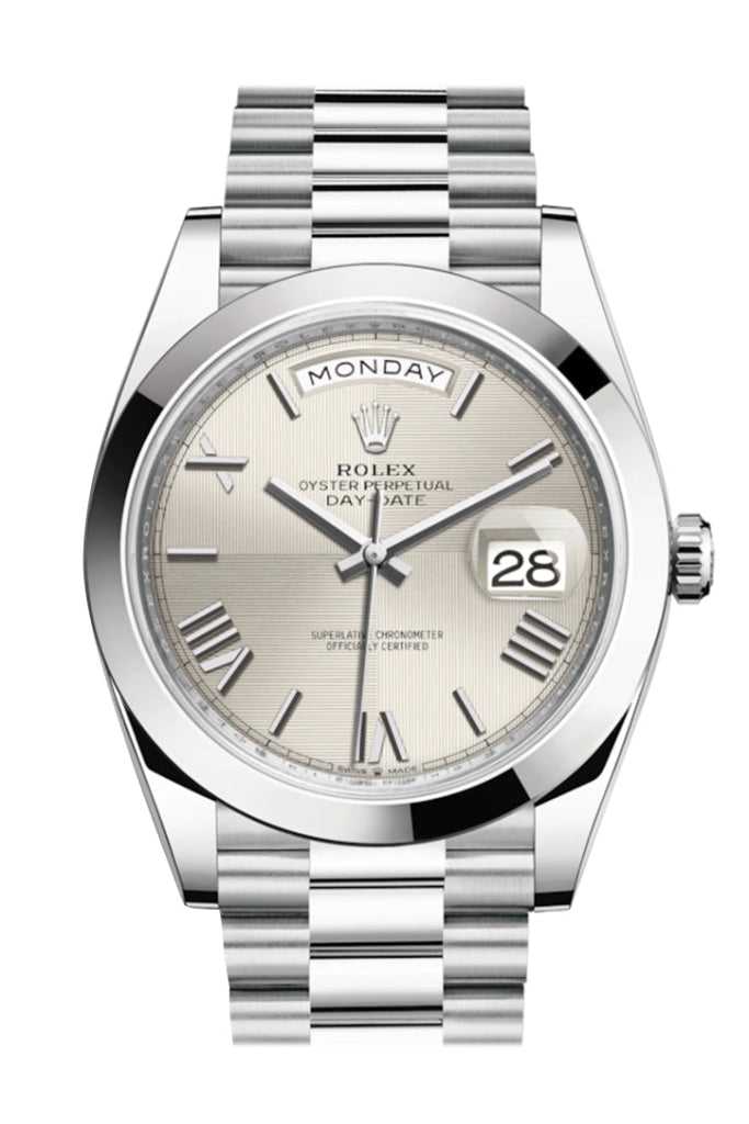 Rolex Day-Date 40 Silver Quadrant Motif Roman Dial Dome Bezel Platinum President Automatic Men’s