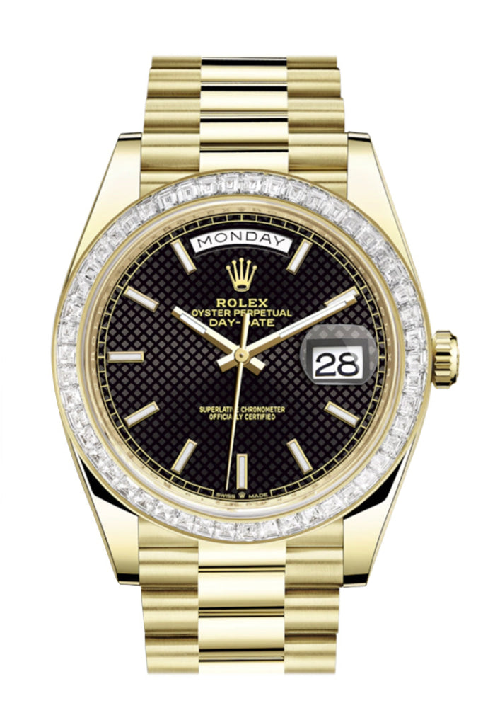 Rolex Day-Date 40 Black Motif Dial Baguette Diamond Bezel 18K Yellow Gold President Automatic