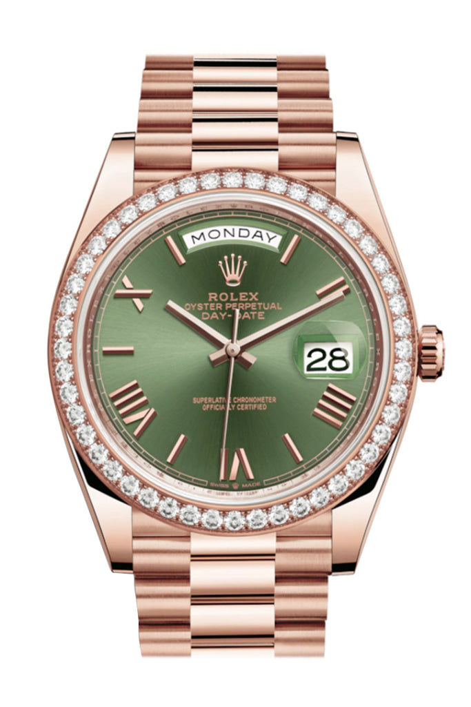 Rolex Day-Date 40 Olive Green Roman Dial Diamond Bezel 18K Everose Gold President Automatic Men’s