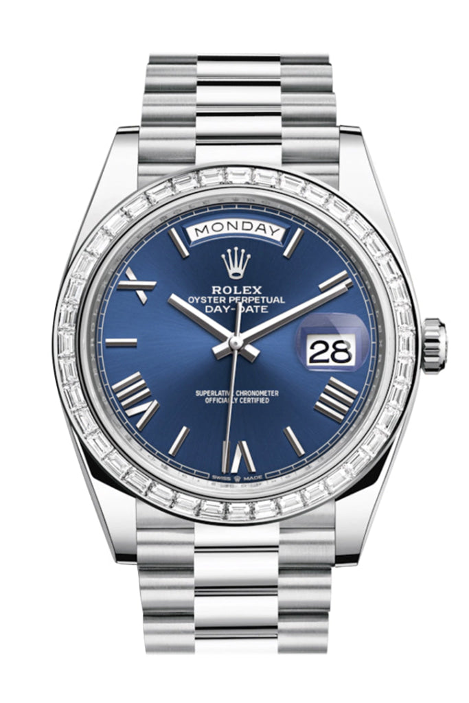 Rolex Day-Date 40 Blue Roman Dial Baguette Diamond Bezel Platinum President Automatic Men’s Watch