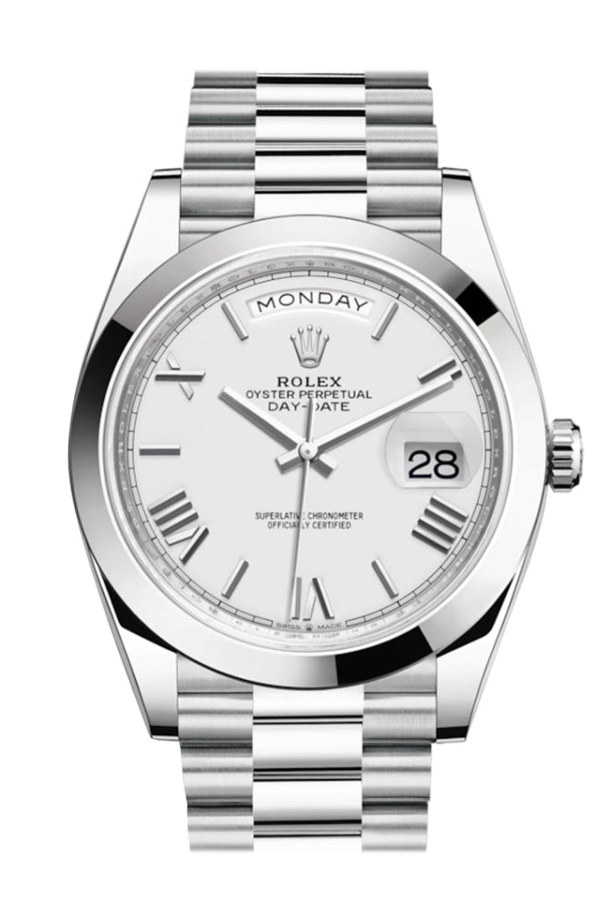 Rolex Day-Date 40 White Roman Dial Dome Bezel Platinum President Automatic Men’s Watch 228396Tbr