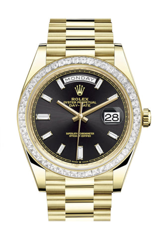 Rolex Day-Date 40 Black Baguette Diamond Dial Bezel 18K Yellow Gold President Automatic Men’s