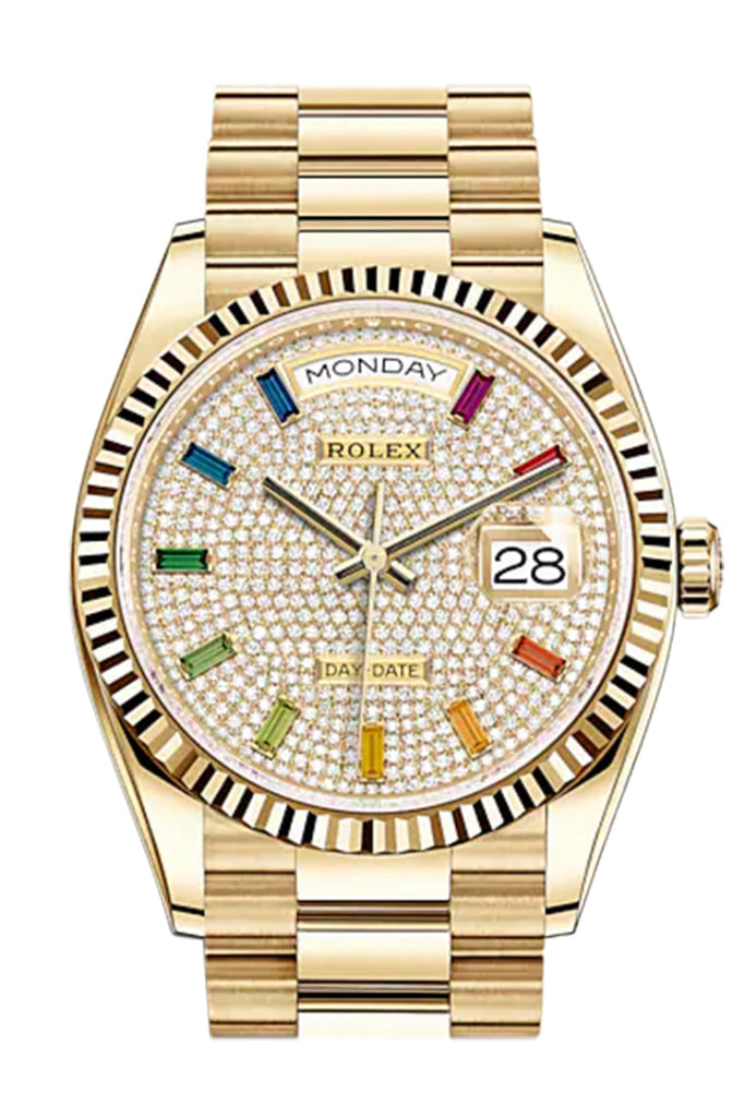 Rolex Day-Date 36 Diamond-Paved Diamond Dial 18K Yellow Gold Watch 128238