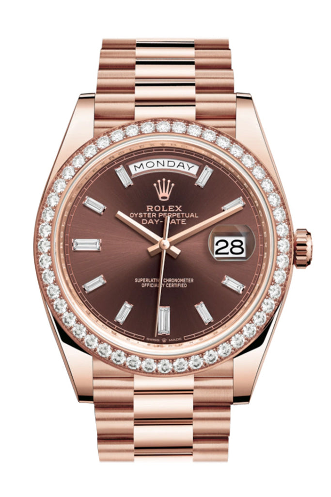 Rolex Day-Date 40 Chocolate 10 Baguette-Cut Diamonds Dial Diamond Bezel 18K Everose Gold President