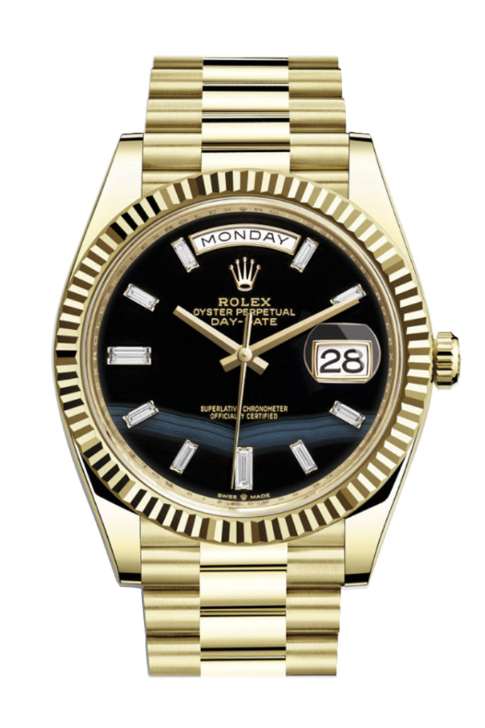 Rolex Day-Date 40 Onyx 10 Baguette Diamond Dial 18K Yellow Gold President Men’s Watch 228238