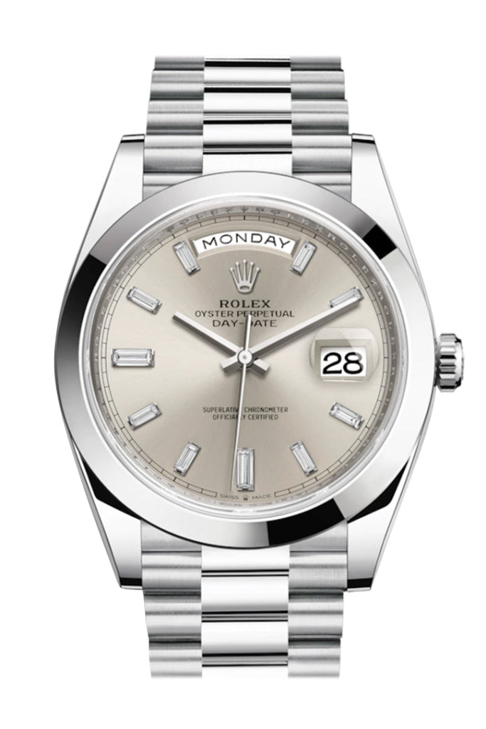 Rolex Day-Date 40 Silver Baguette Diamond Dial Dome Bezel Platinum President Automatic Men’s