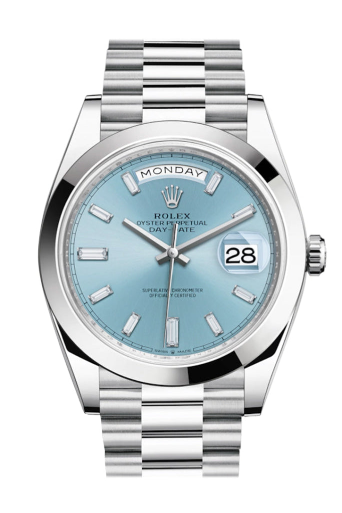 Rolex Day-Date 40 Ice Blue Baguette Diamond Dial Dome Bezel Platinum President Automatic Men’s