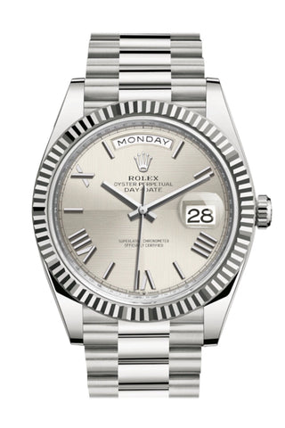 Rolex Day-Date 40 Silver Roman Dial Fluted Bezel White Gold President Automatic Men’s Watch