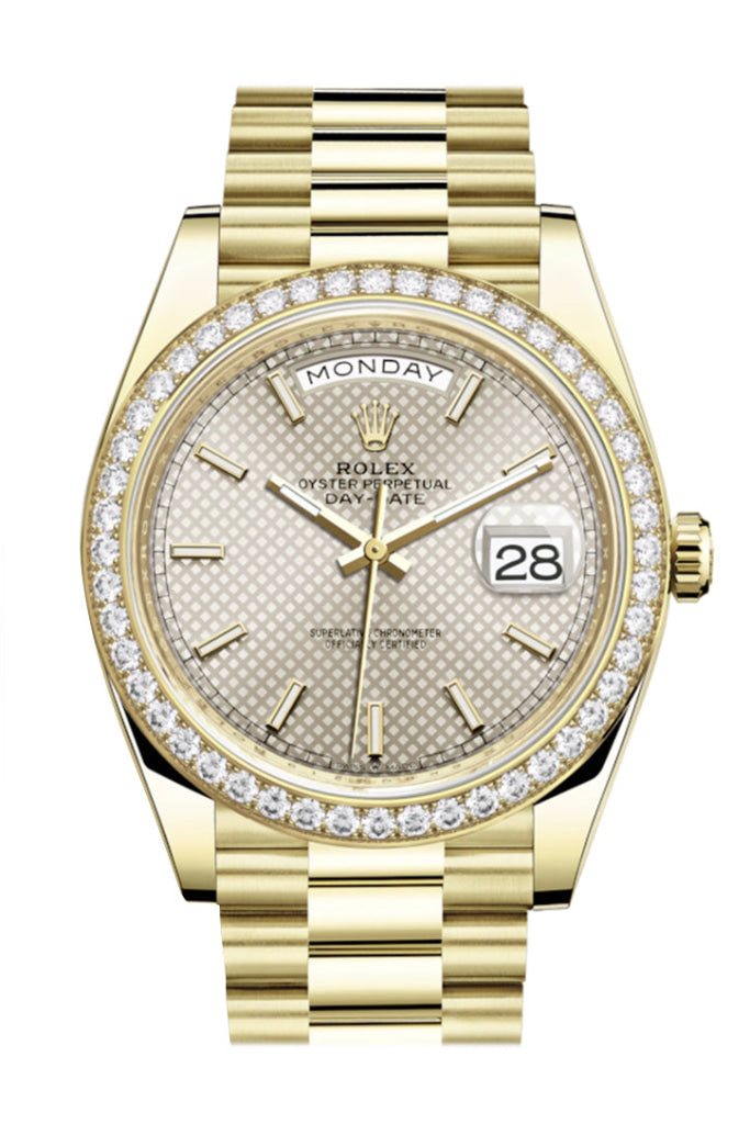 Rolex Day-Date 40 Silver Motif Dial Diamond Bezel 18K Yellow Gold President Men’s Watch 228348Rbr Dc