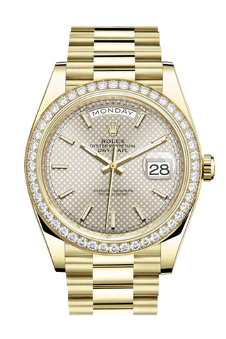 Rolex Day-Date 40 Silver Motif Dial Diamond Bezel 18K Yellow Gold President Men’s Watch 228348Rbr Dc