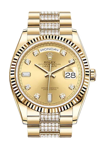 Rolex Day-Date 36 Champagne Diamond Dial 18K Yellow Gold Watch Set President Bracelet 128238