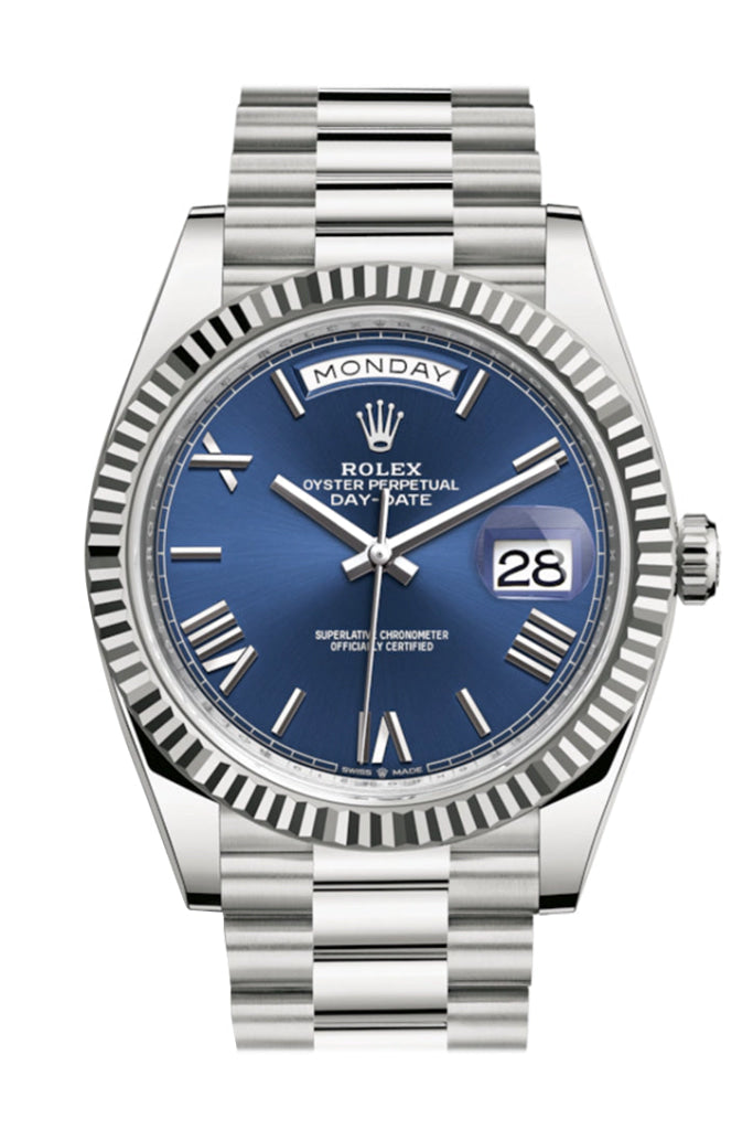 Rolex Day-Date 40 Blue Roman Dial Fluted Bezel White Gold President Automatic Men’s Watch 228239