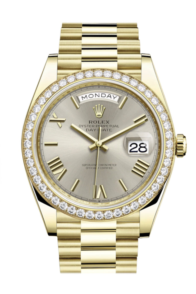 Rolex Day-Date 40 Silver Roman Dial Diamond Bezel 18K Yellow Gold President Automatic Men’s Watch