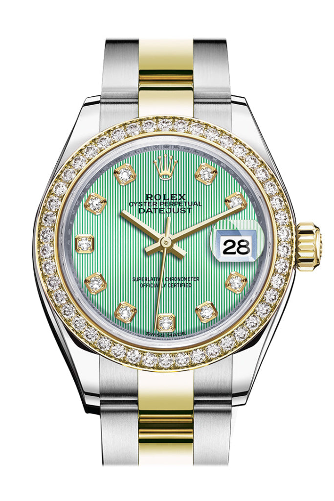 Rolex Datejust 28 Mint Green Set With Diamonds Dial Diamond Bezel Yellow Gold Ladies Watch